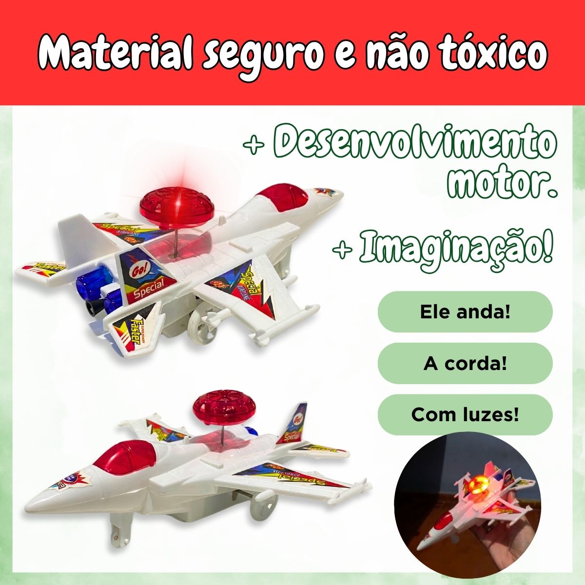 Brinquedo Infantil Avião A Corda Movimenta E Anda Com Luzes