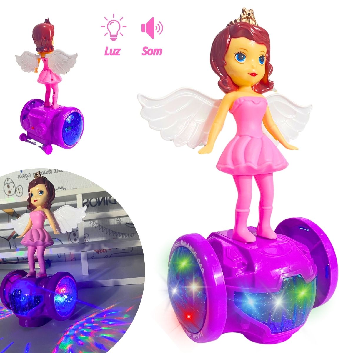 Boneca Hoverboard Giratória Anjo Dançarina Com Som E Luz