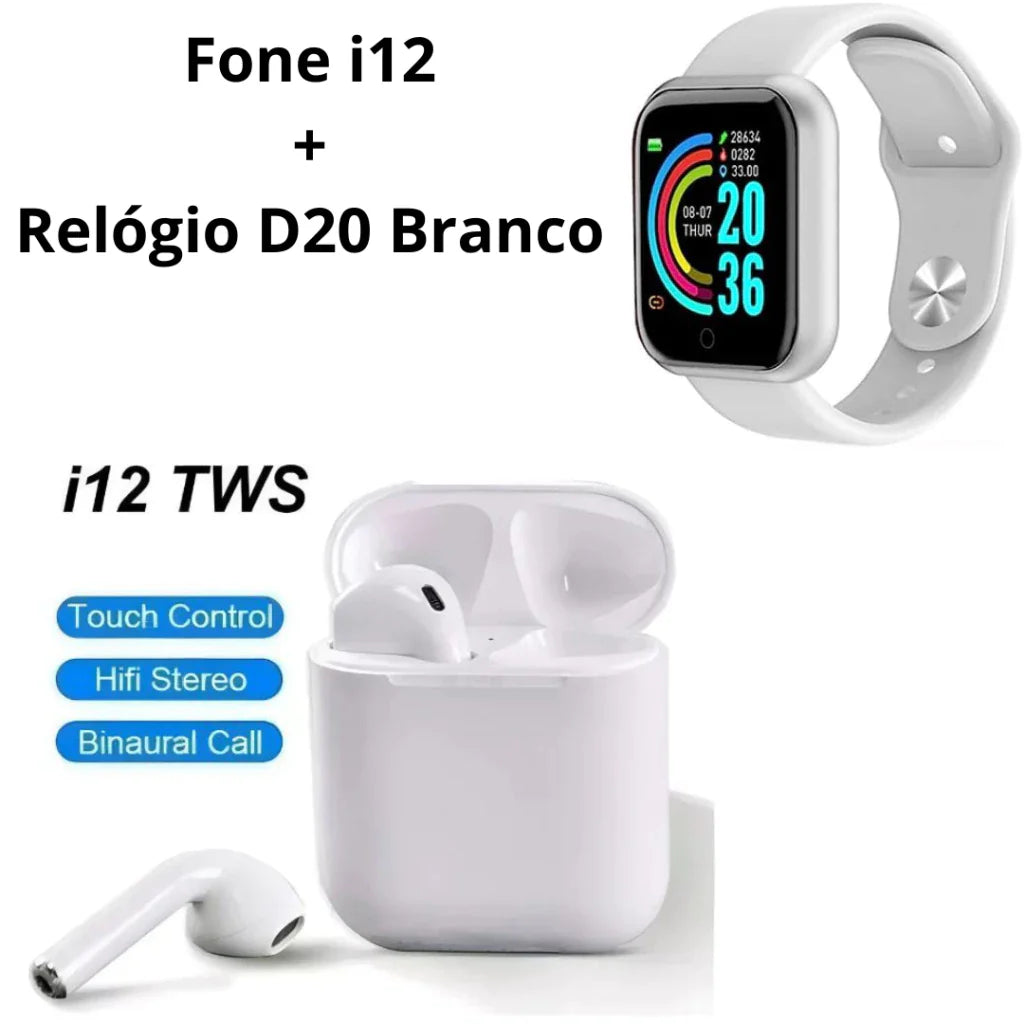 KIT Relógio Smartwatch D20 Y68 + Fone Sem Fio Bluetooth I12