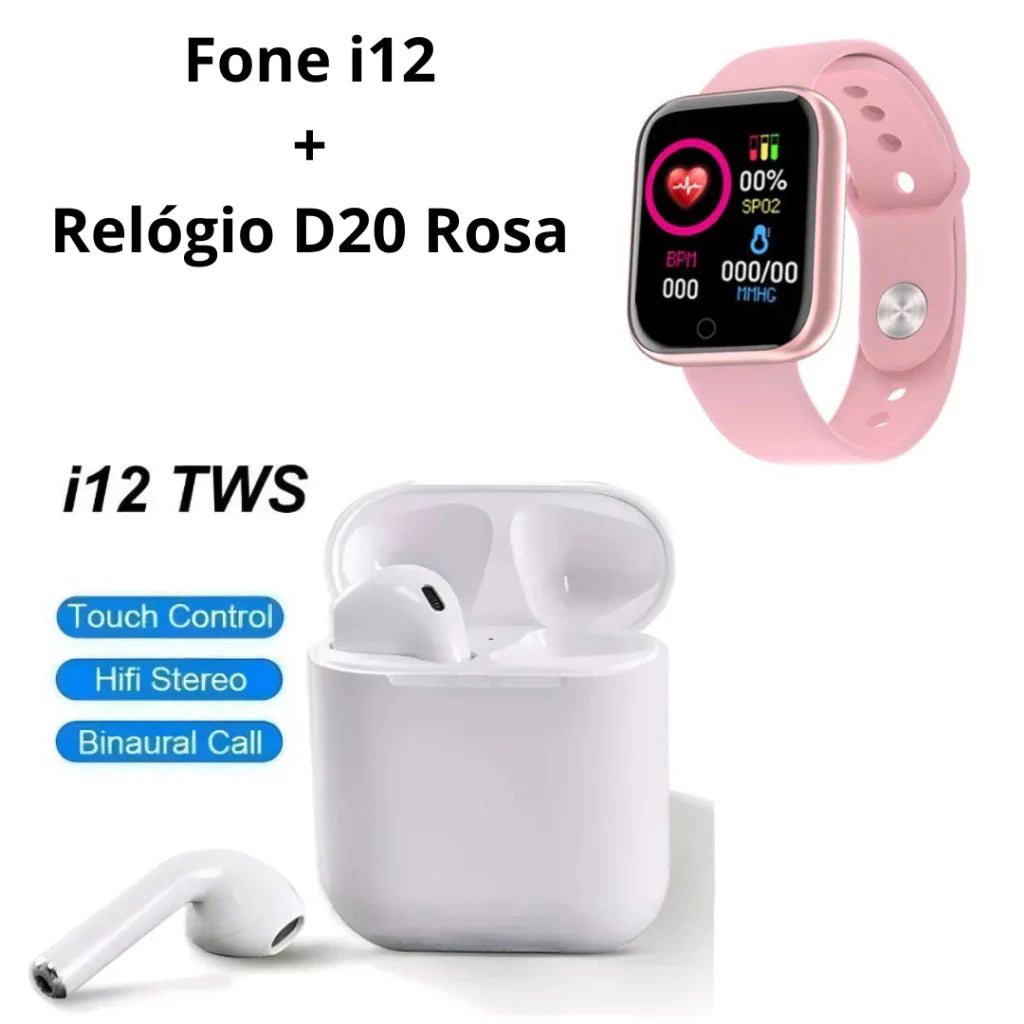 KIT Relógio Smartwatch D20 Y68 + Fone Sem Fio Bluetooth I12