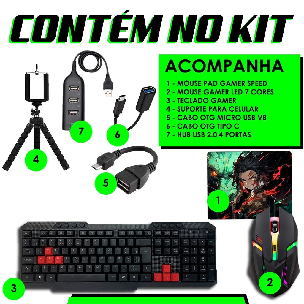 KIT Mobile Completo - Teclado + Mouse Gamer + Mouse Pad + Hub + Tripe