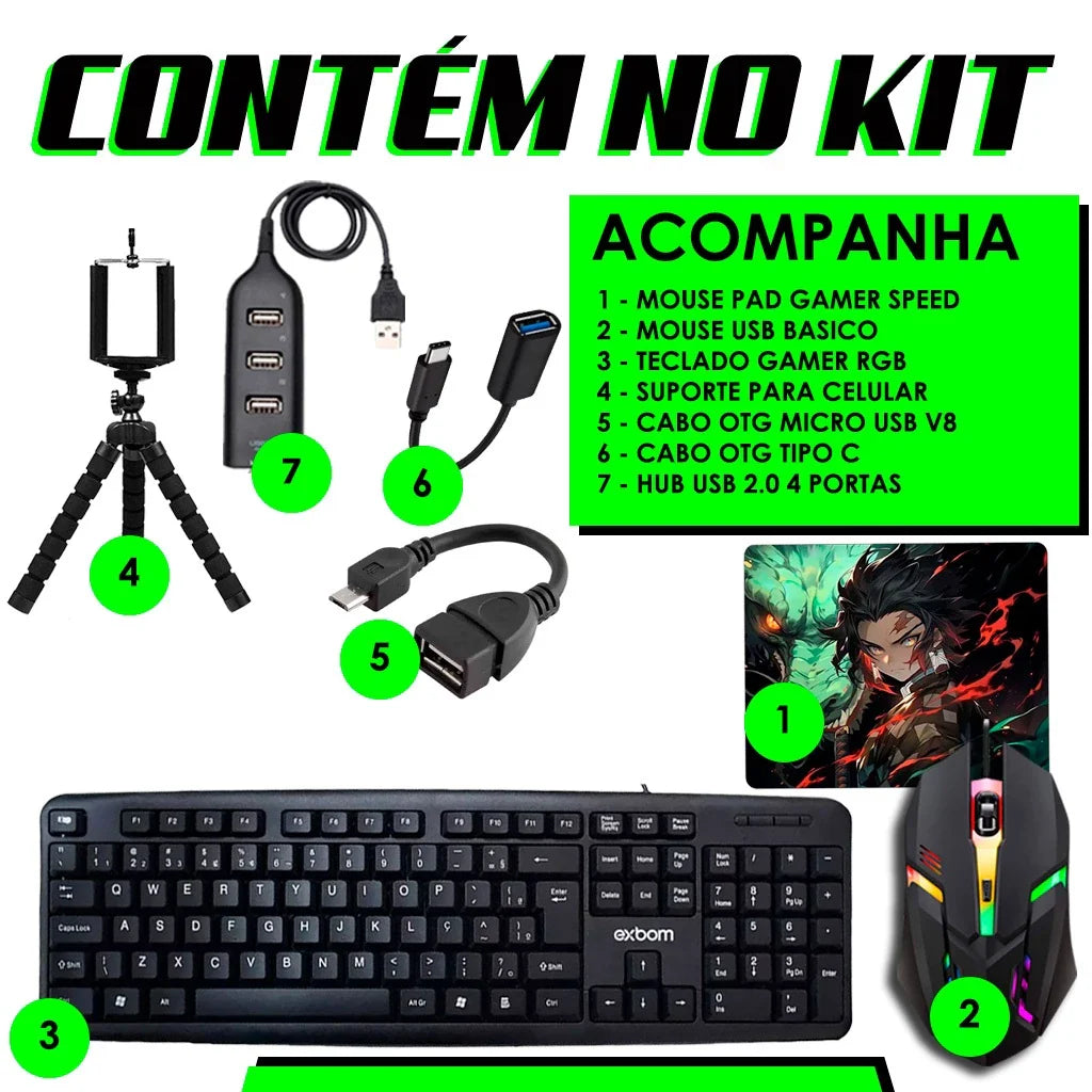 KIT Mobile Completo - Teclado + Mouse Gamer + Mouse Pad + Hub + Tripe