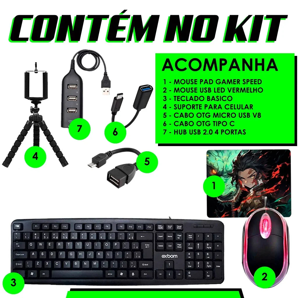 KIT Mobile Completo - Teclado + Mouse Gamer + Mouse Pad + Hub + Tripe