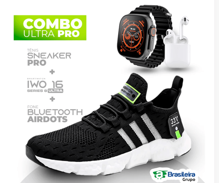 Combo em Oferta 3x1: Tênis NewFit + IWO Series 8 Ultra + Fone Bluetooth Pro - William Eletrônicos